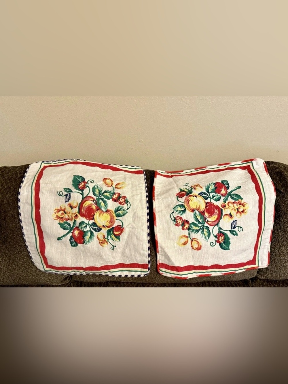 Vintage-Inspired Red & Green Fruit Print pillow covers 13” X 13”